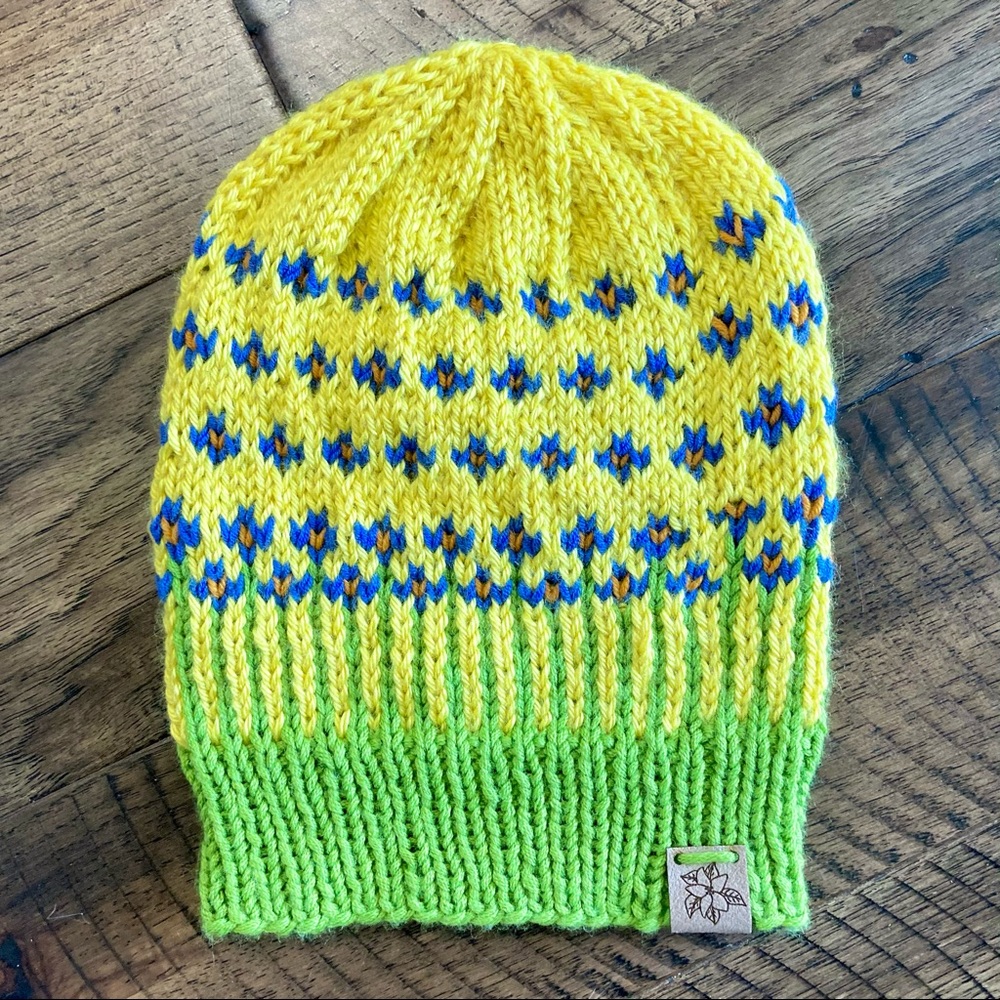 Children’s handcrafted beanie yellow blue green flowers, floral kids knitted hat